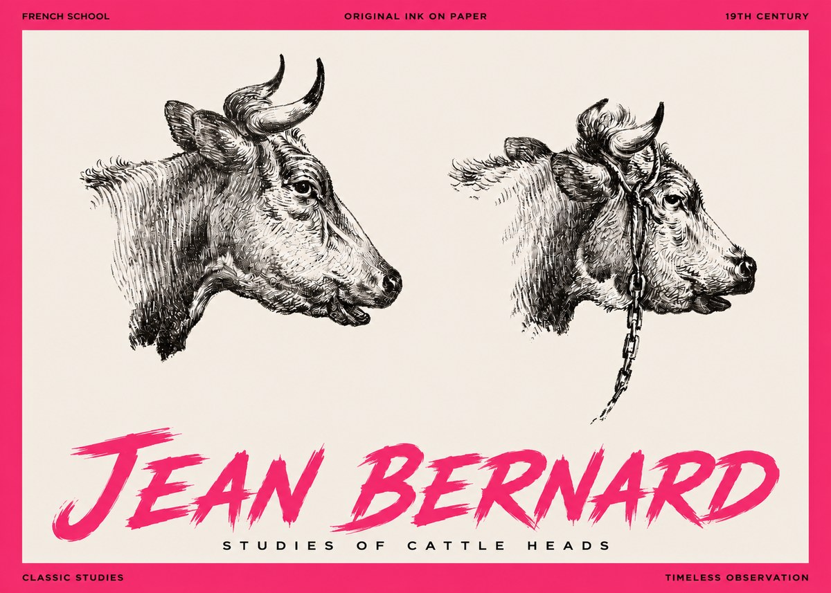 Jean Bernard Studies of Cattle Heads No3 - Plakát