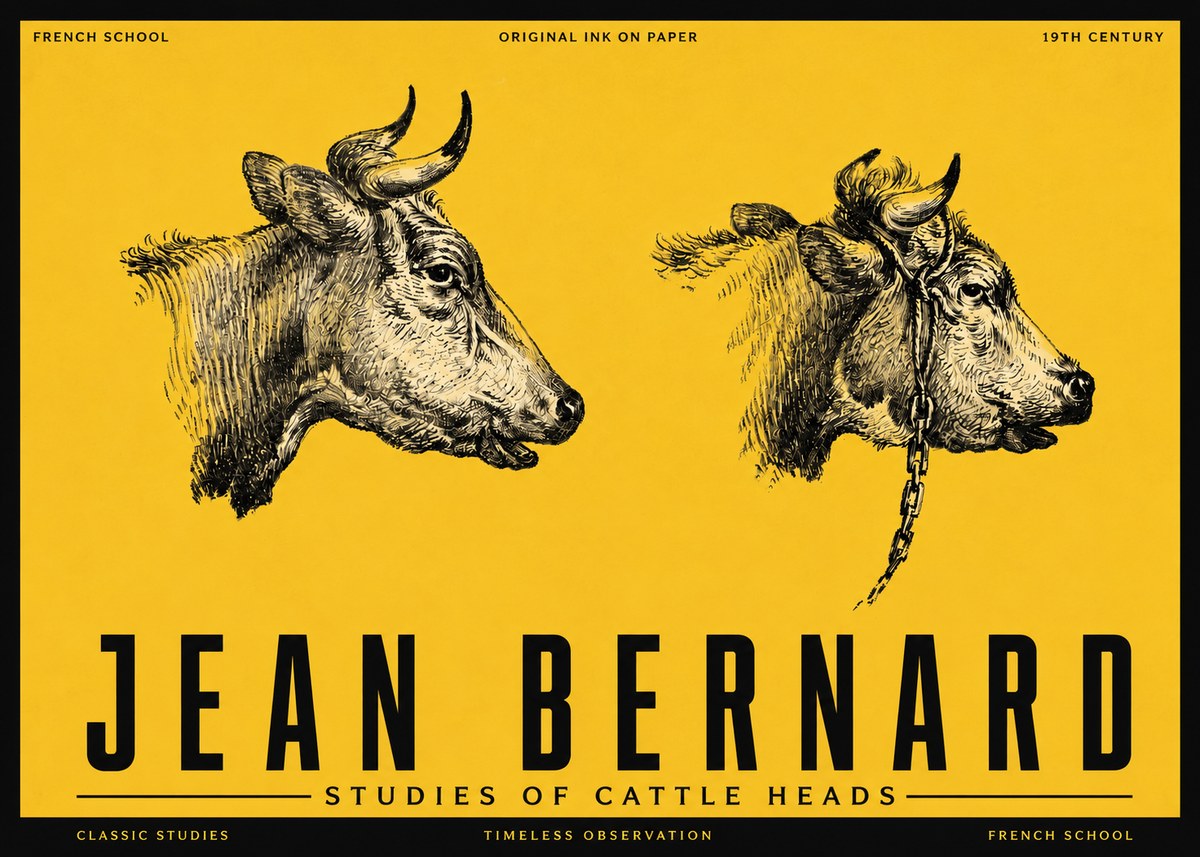 Jean Bernard Studies of Cattle Heads No5 - Plakát