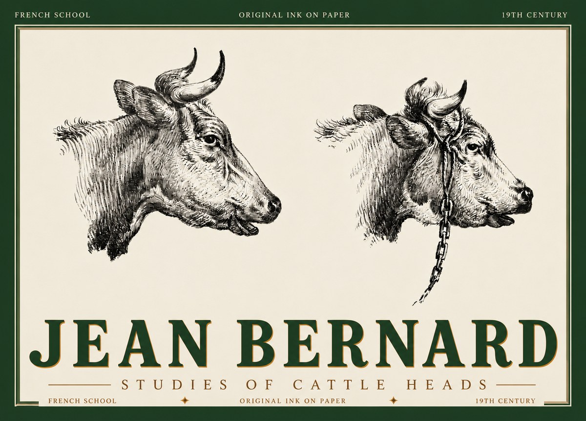 Jean Bernard Studies of Cattle Heads No6 - Plakát