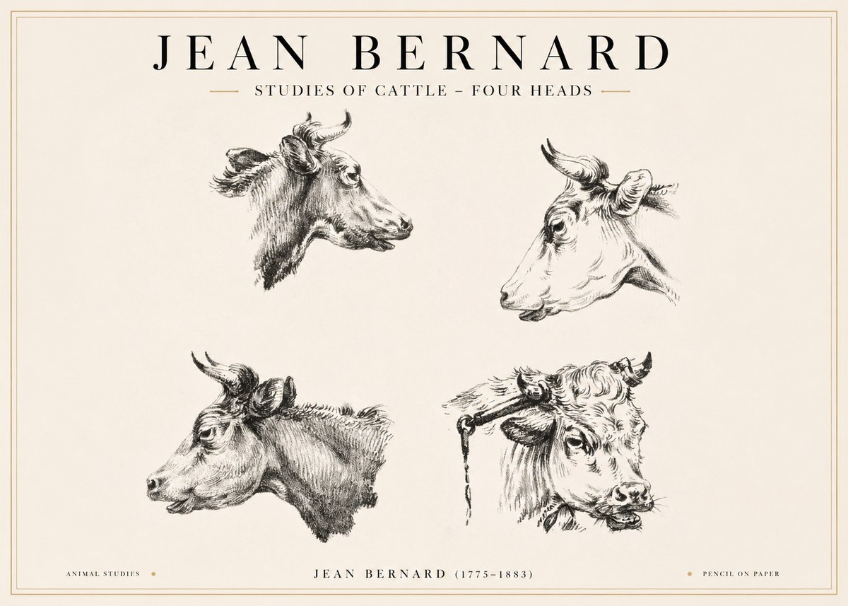 Jean Bernard Studies of Cattle - Four Heads No1 - Plakát