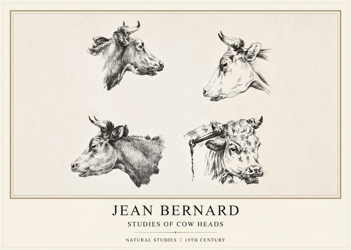 Jean Bernard Studies of Cattle - Four Heads No2 - Plakát