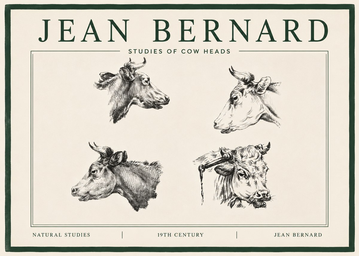 Jean Bernard Studies of Cattle - Four Heads No4 - Plakát