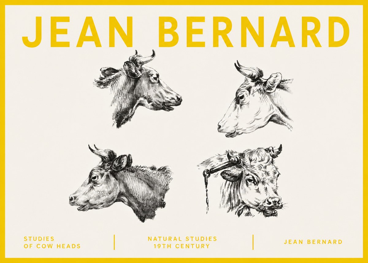Jean Bernard Studies of Cattle - Four Heads No5 - Plakát
