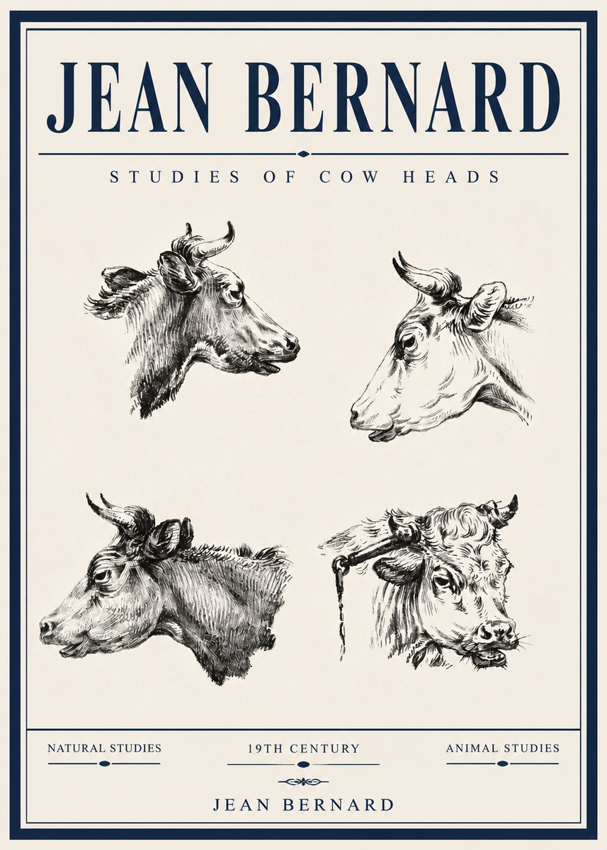 Jean Bernard Studies of Cattle - Four Heads No6 - Plakát