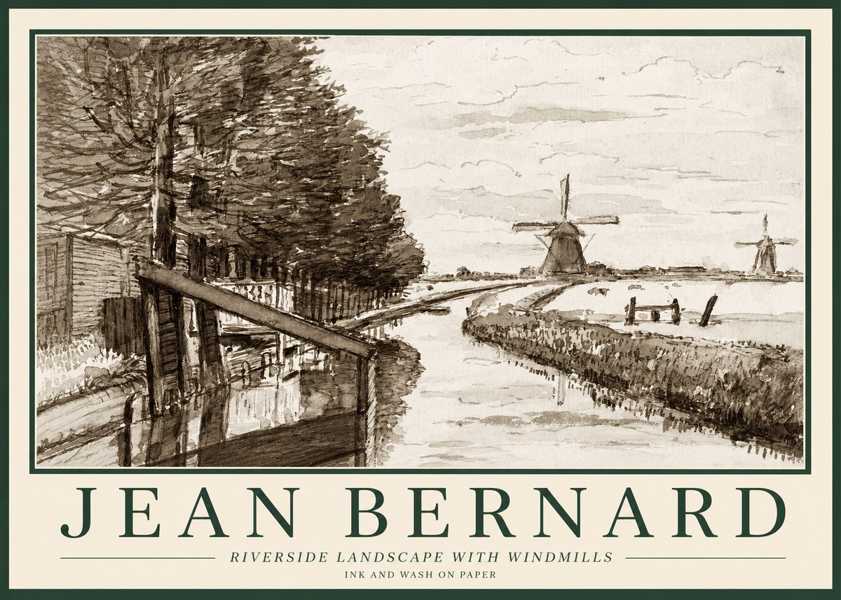 Jean Bernard Riverside Landscape with Windmills No1 - Plakát