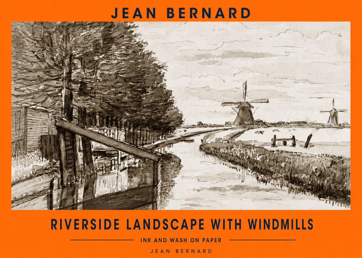 Jean Bernard Riverside Landscape with Windmills No2 - Plakát