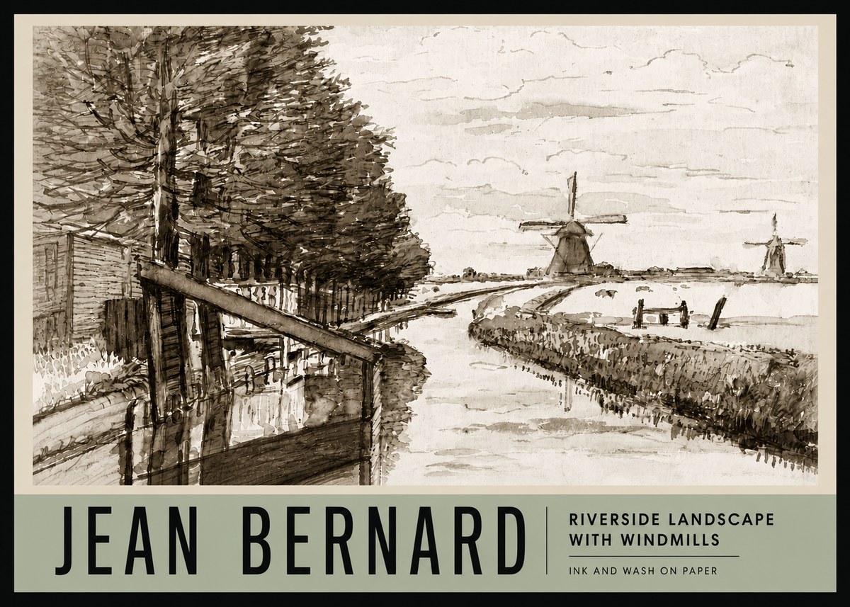 Jean Bernard Riverside Landscape with Windmills No3 - Plakát