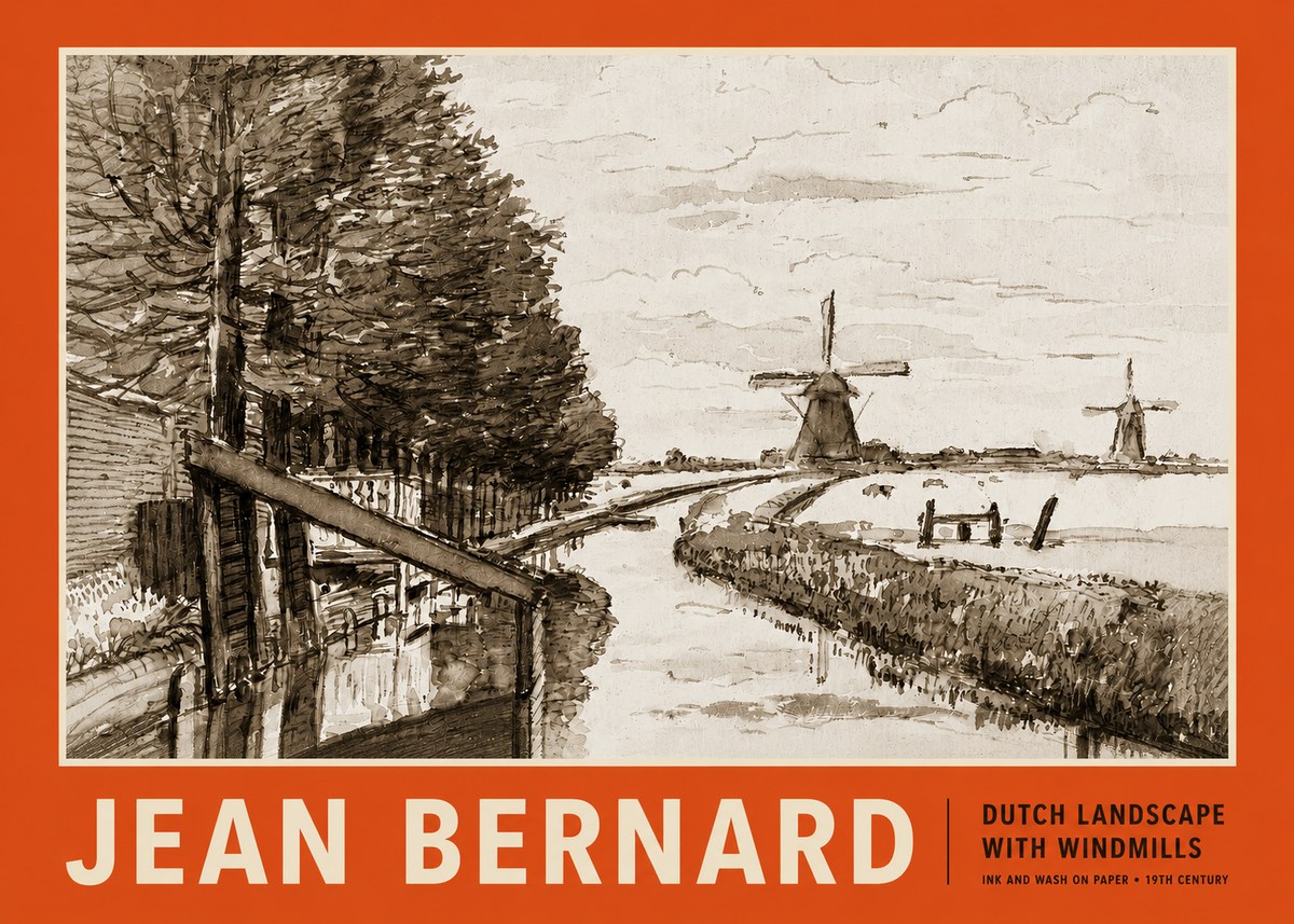 Jean Bernard Riverside Landscape with Windmills No5 - Plakát