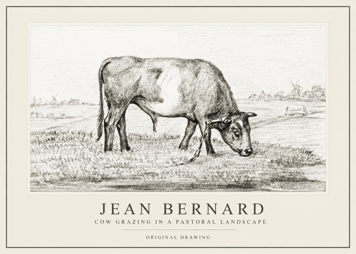 Jean Bernard Cow Grazing in a Pastoral Landscape No1 - Plakát