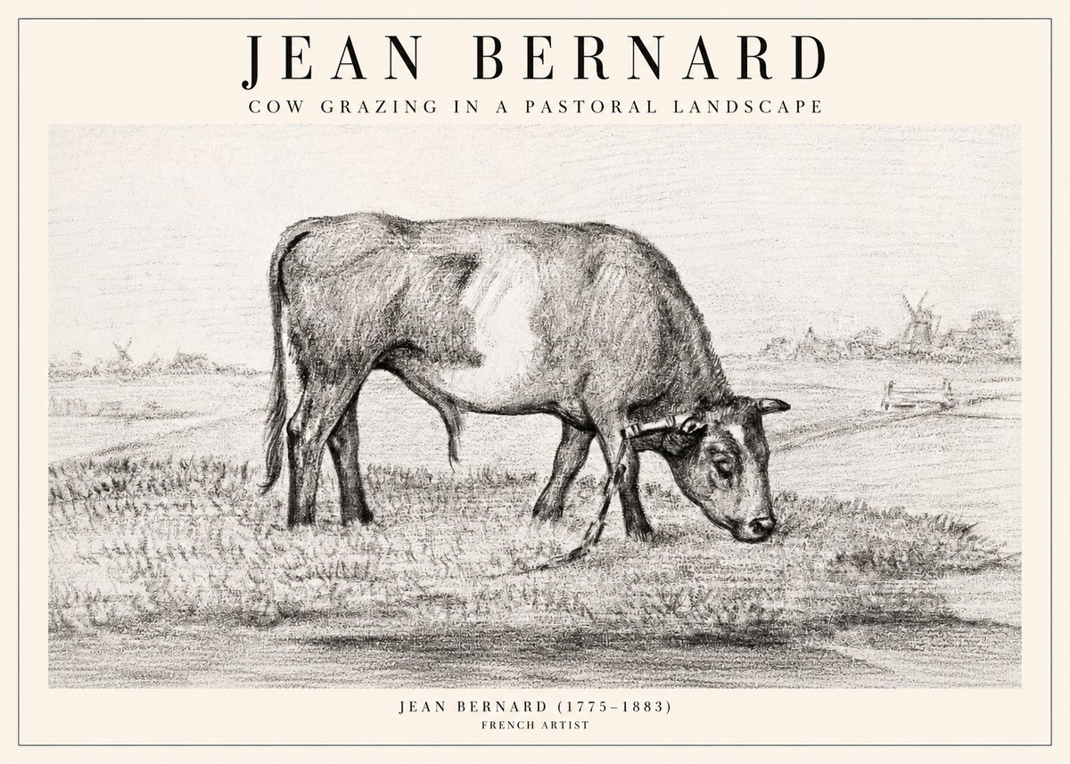 Jean Bernard Cow Grazing in a Pastoral Landscape No2 - Plakát