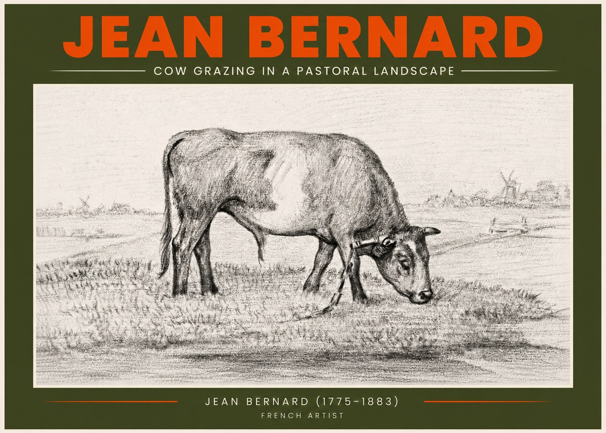 Jean Bernard Cow Grazing in a Pastoral Landscape No3 - Plakát
