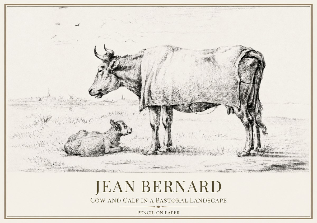 Jean Bernard Cow and Calf in a Pastoral Landscape No1 - Plakát