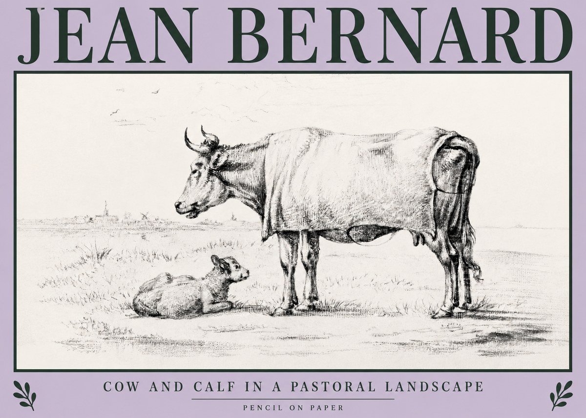 Jean Bernard Cow and Calf in a Pastoral Landscape No3 - Plakát