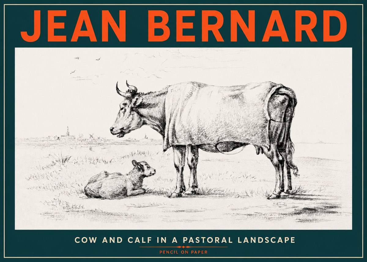 Jean Bernard Cow and Calf in a Pastoral Landscape No4 - Plakát
