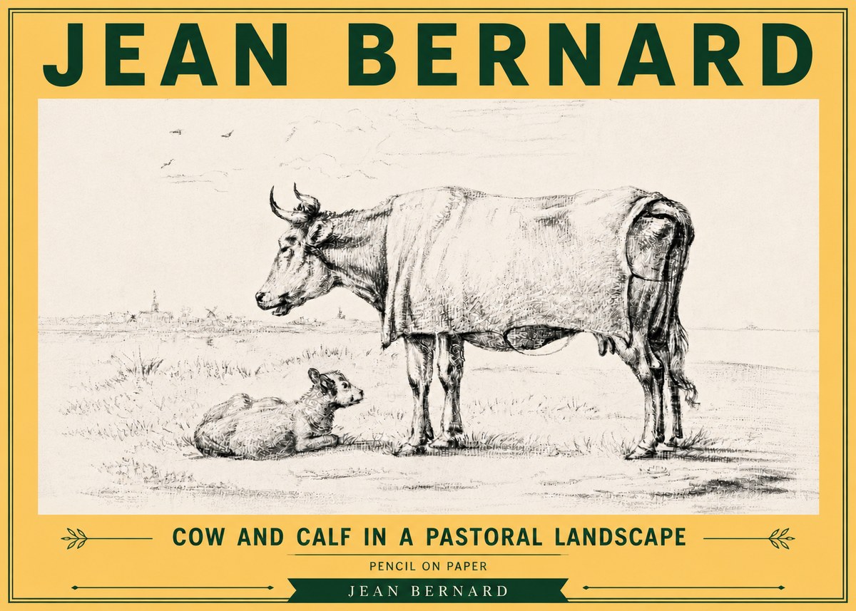 Jean Bernard Cow and Calf in a Pastoral Landscape No6 - Plakát