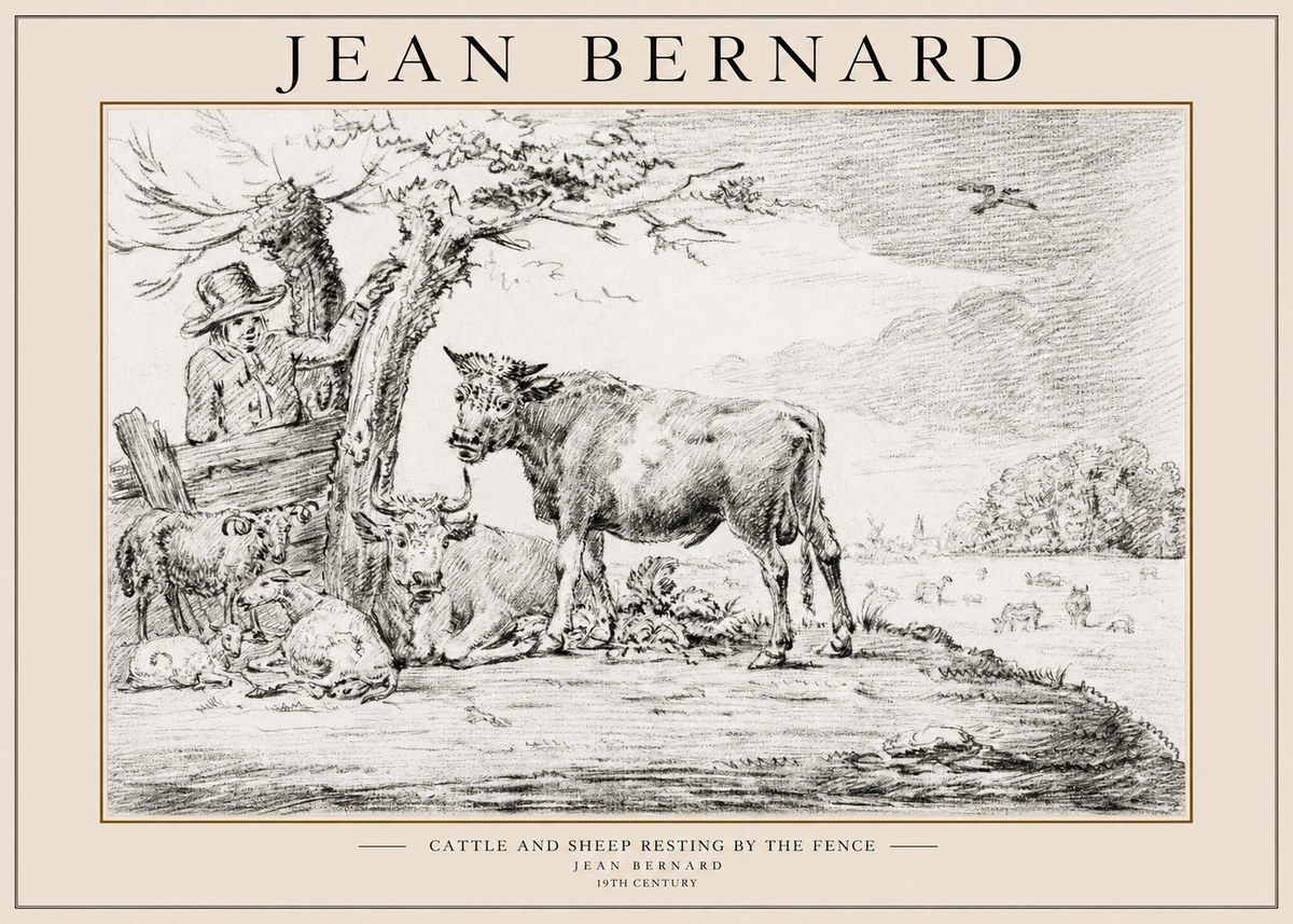 Jean Bernard Cattle and Sheep Resting by the Fence No1 - Plakát