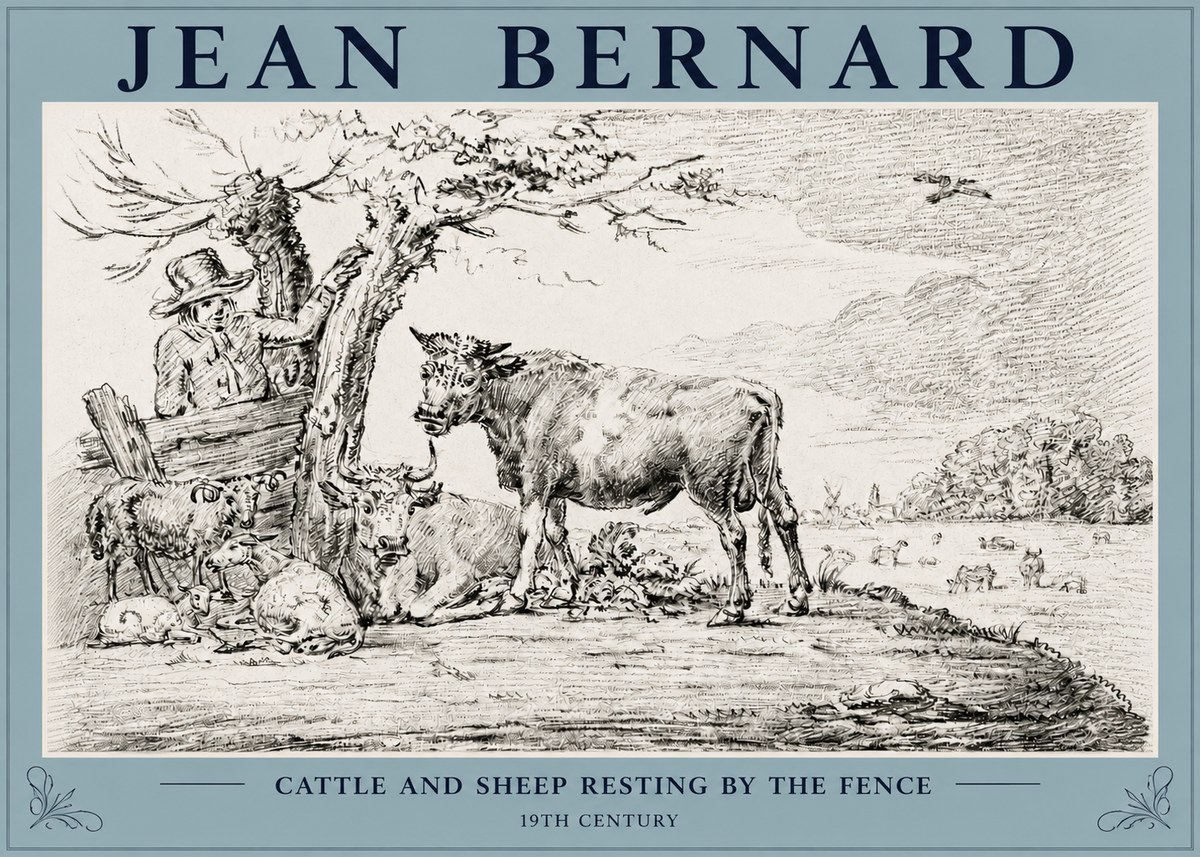Jean Bernard Cattle and Sheep Resting by the Fence No3 - Plakát