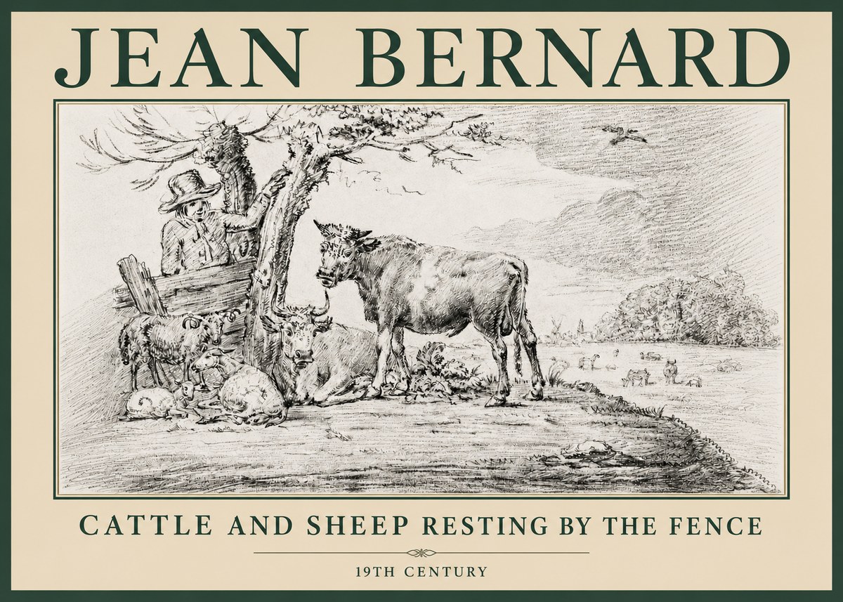Jean Bernard Cattle and Sheep Resting by the Fence No4 - Plakát