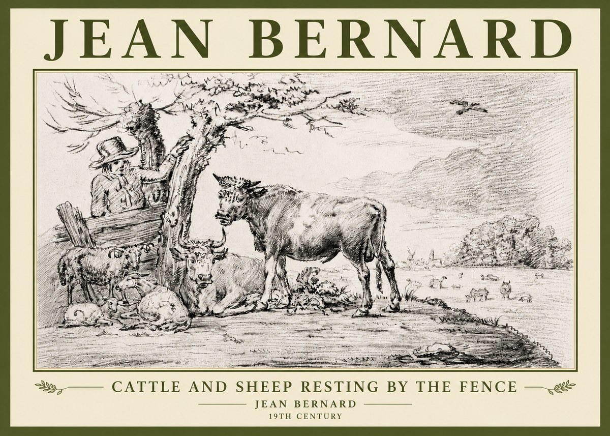 Jean Bernard Cattle and Sheep Resting by the Fence No5 - Plakát