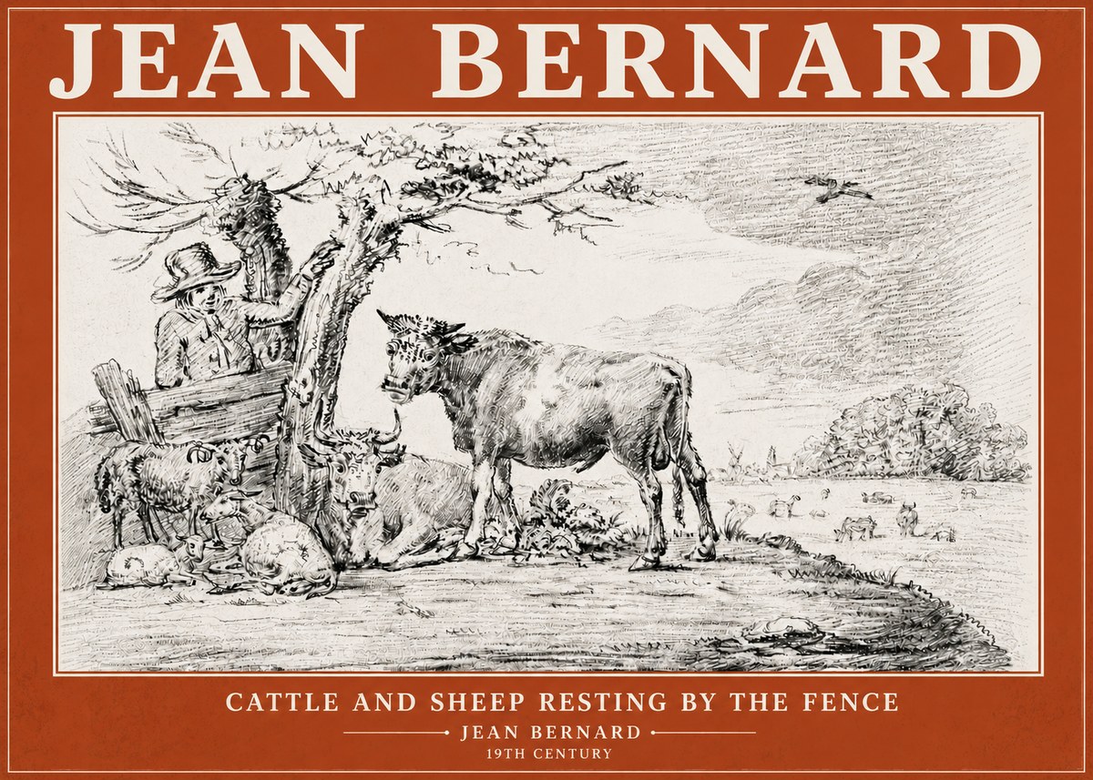 Jean Bernard Cattle and Sheep Resting by the Fence No6 - Plakát