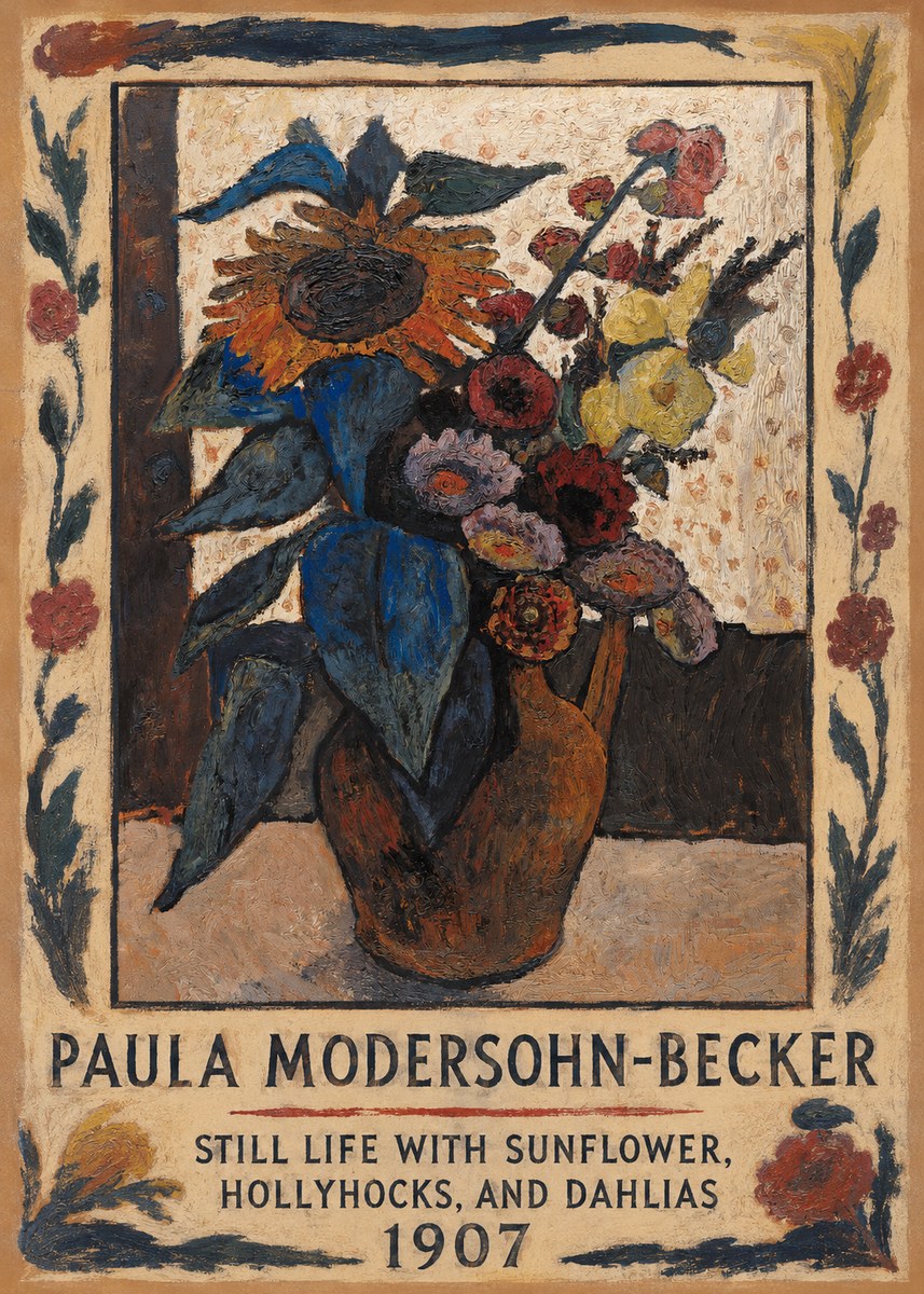 Paula Modersohn-Becker Still Life with Sunflower, Hollyhocks, and Dahlias No1 - Plakát