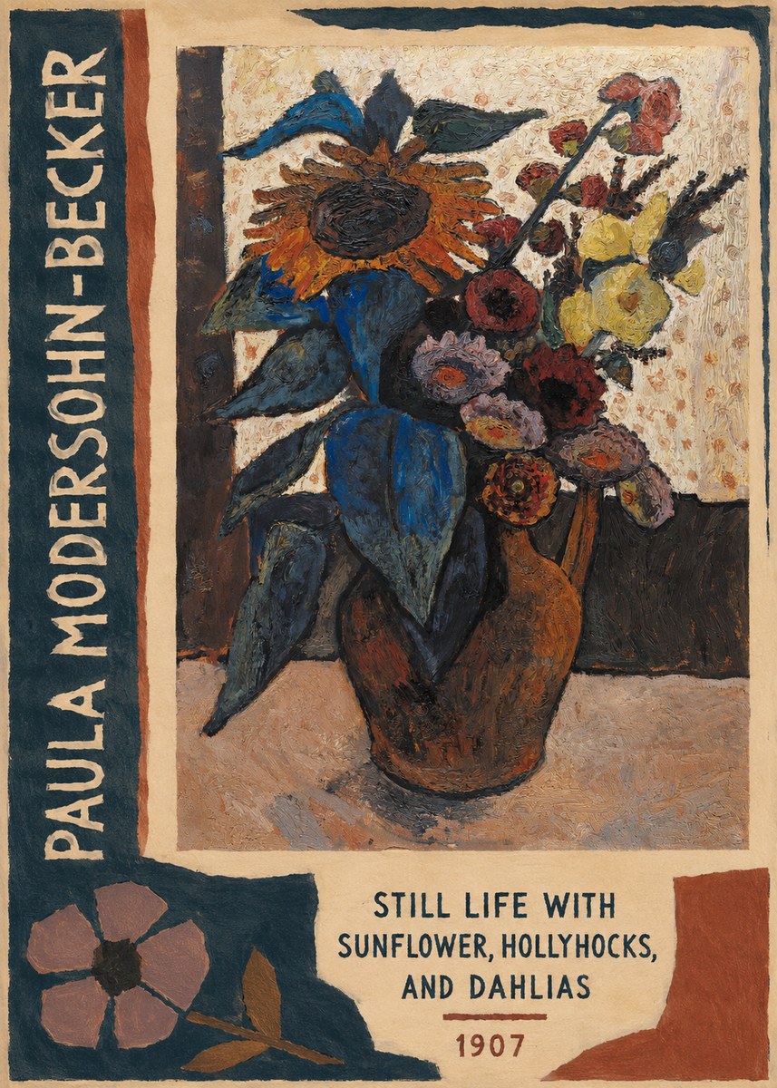 Paula Modersohn-Becker Still Life with Sunflower, Hollyhocks, and Dahlias No2 - Plakát