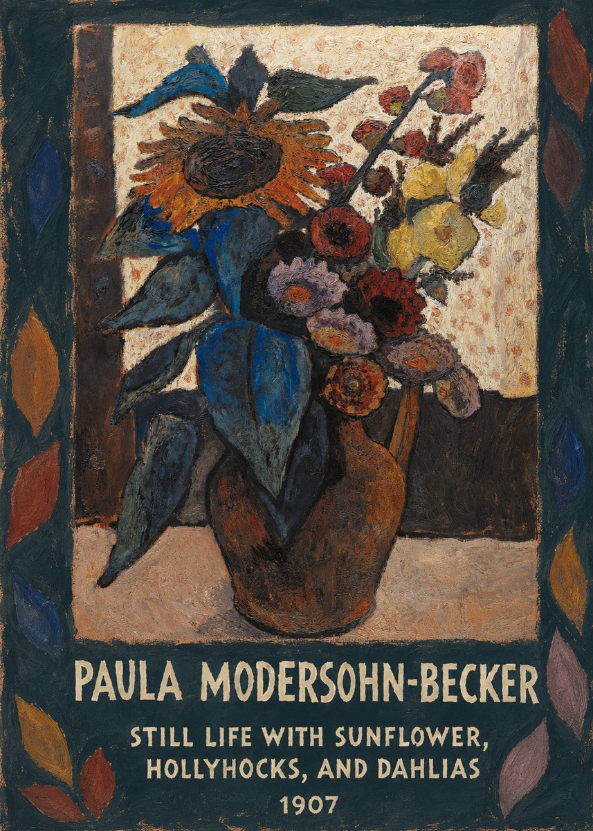 Paula Modersohn-Becker Still Life with Sunflower, Hollyhocks, and Dahlias No4 - Plakát