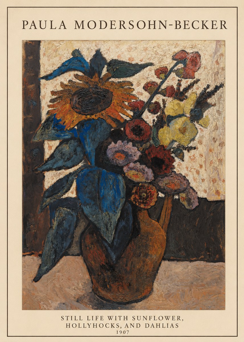 Paula Modersohn-Becker Still Life with Sunflower, Hollyhocks, and Dahlias No5 - Plakát