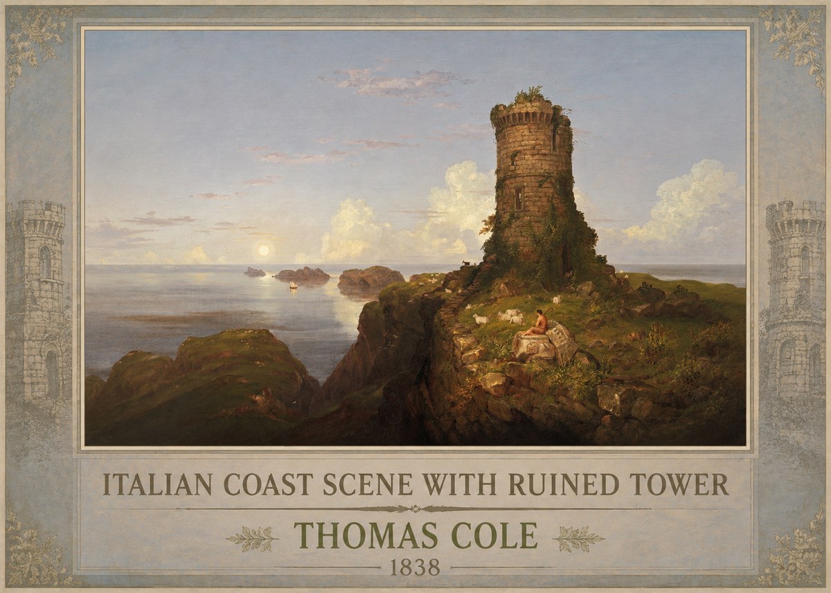 Thomas Cole Italian Coast Scene with Ruined Tower I No1 - Plakát