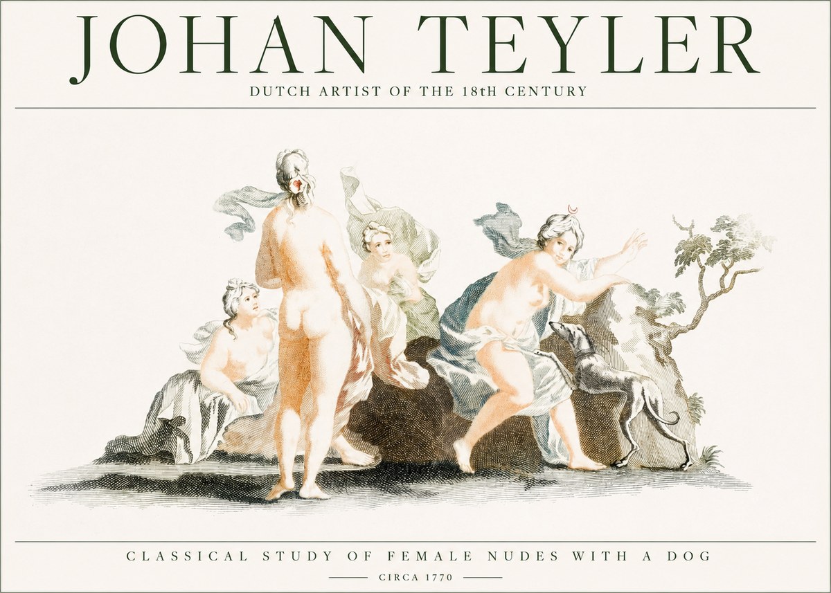 Johan Teyler Classical Study of Female Nudes with a Dog No1 - Plakát