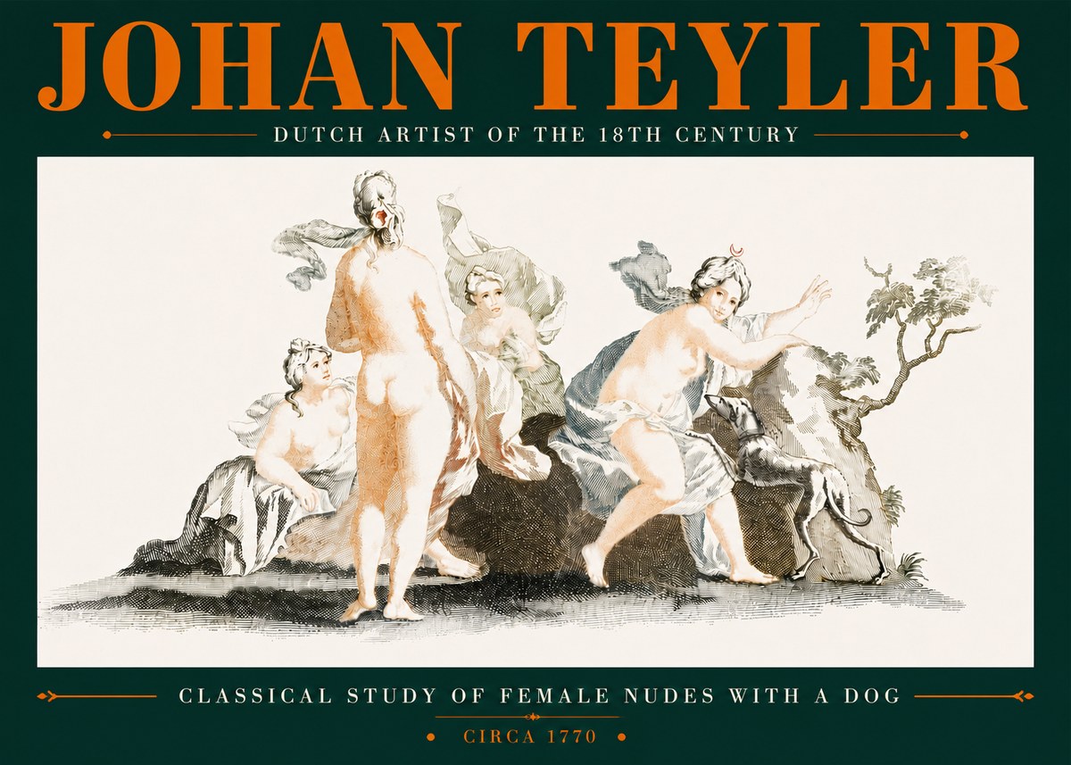 Johan Teyler Classical Study of Female Nudes with a Dog No5 - Plakát