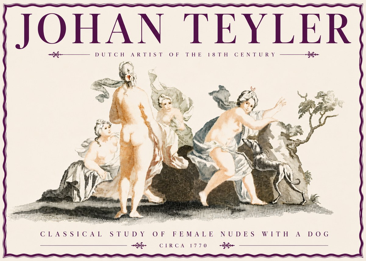 Johan Teyler Classical Study of Female Nudes with a Dog No6 - Plakát
