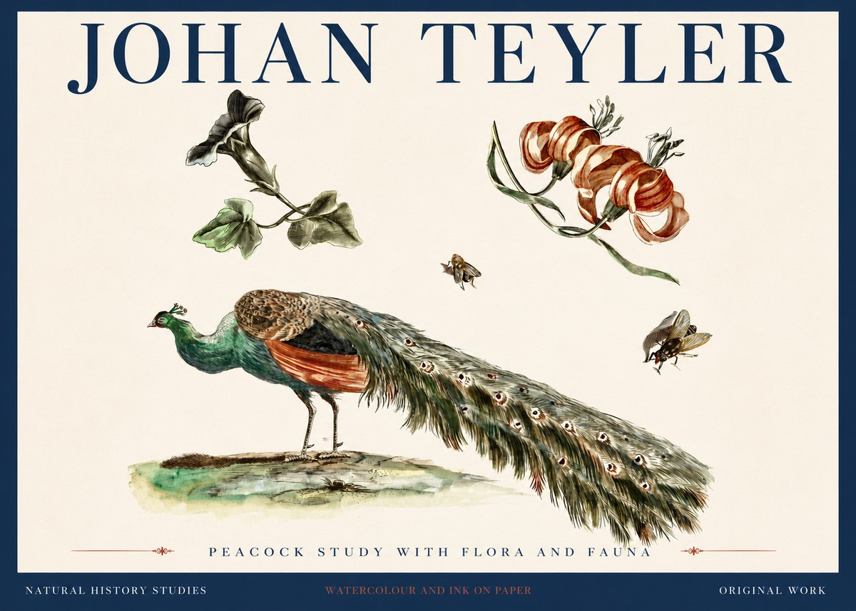 Johan Teyler Peacock Study with Flora and Fauna No4 - Plakát