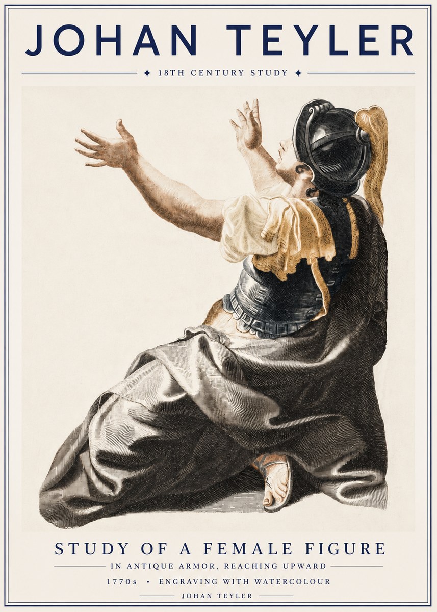 Johan Teyler Study of a Female Figure in Antique Armor, Reaching Upward No4 - Plakát