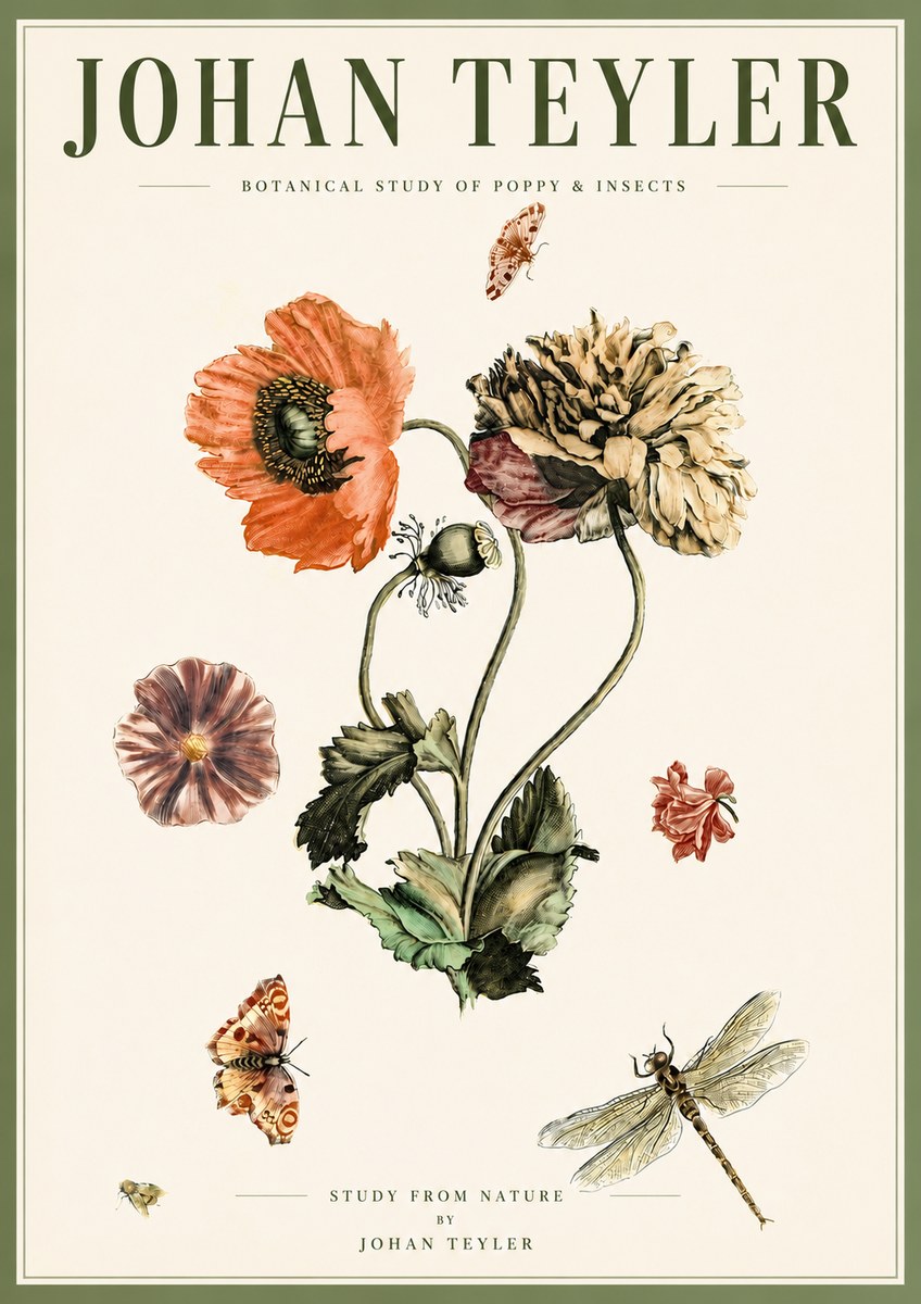 Johan Teyler Botanical Study of Poppy & Insects No5 - Plakát