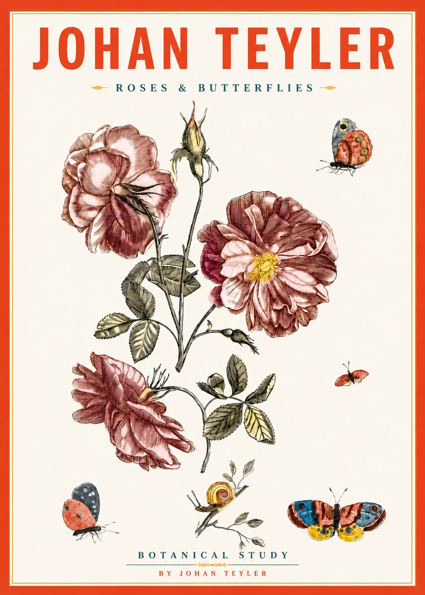 Johan Teyler Roses & Butterflies - Botanical Study No5 - Plakát