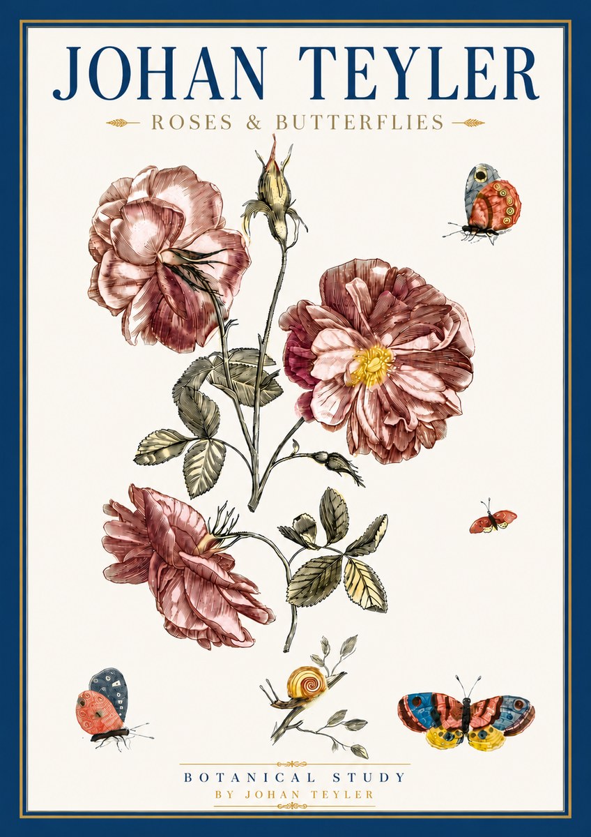 Johan Teyler Roses & Butterflies - Botanical Study No6 - Plakát