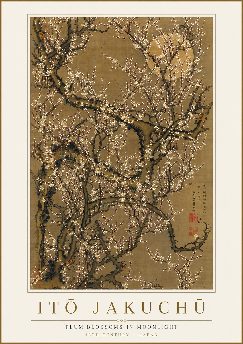 Itō Jakuchū Plum Blossoms in Moonlight No4 - Plakát