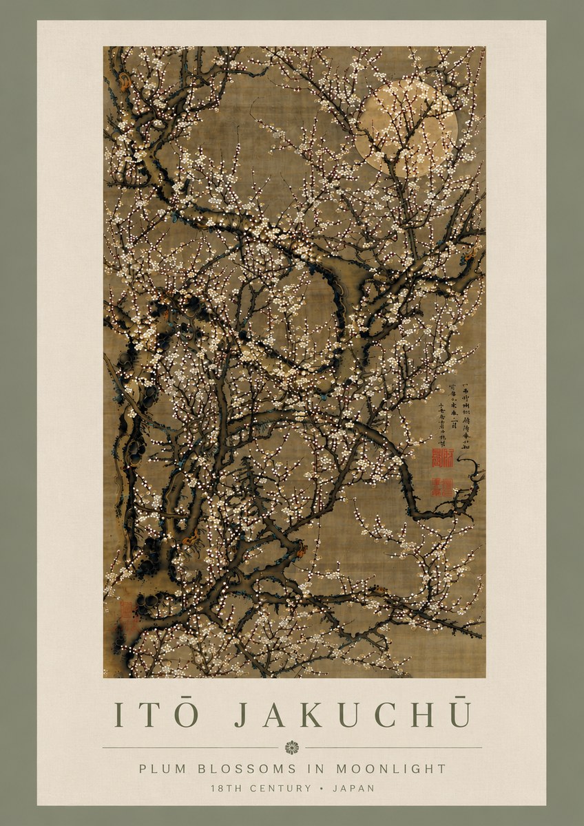 Itō Jakuchū Plum Blossoms in Moonlight No5 - Plakát