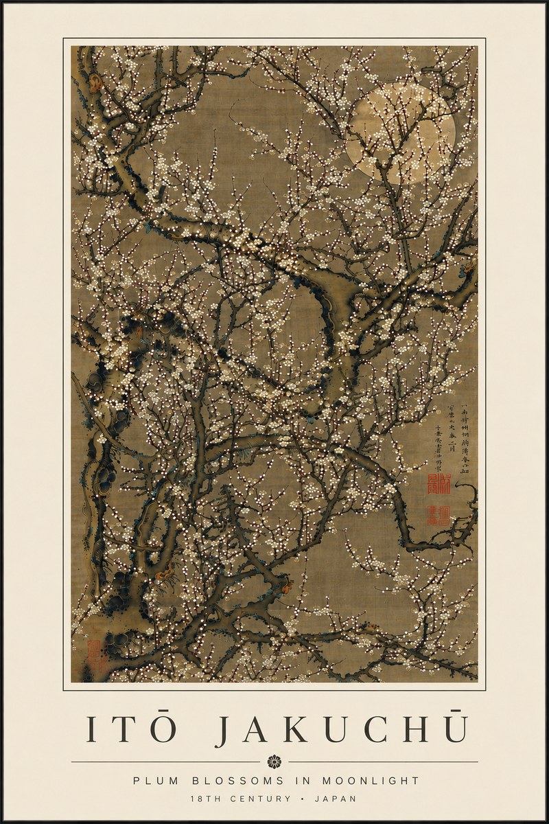 Itō Jakuchū Plum Blossoms in Moonlight No6 - Plakát