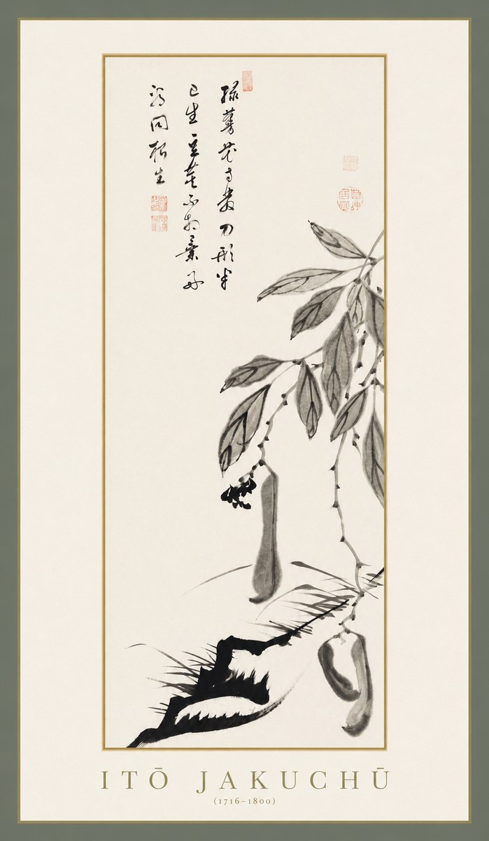 Itō Jakuchū Branch with Pods and Calligraphy No1 - Plakát