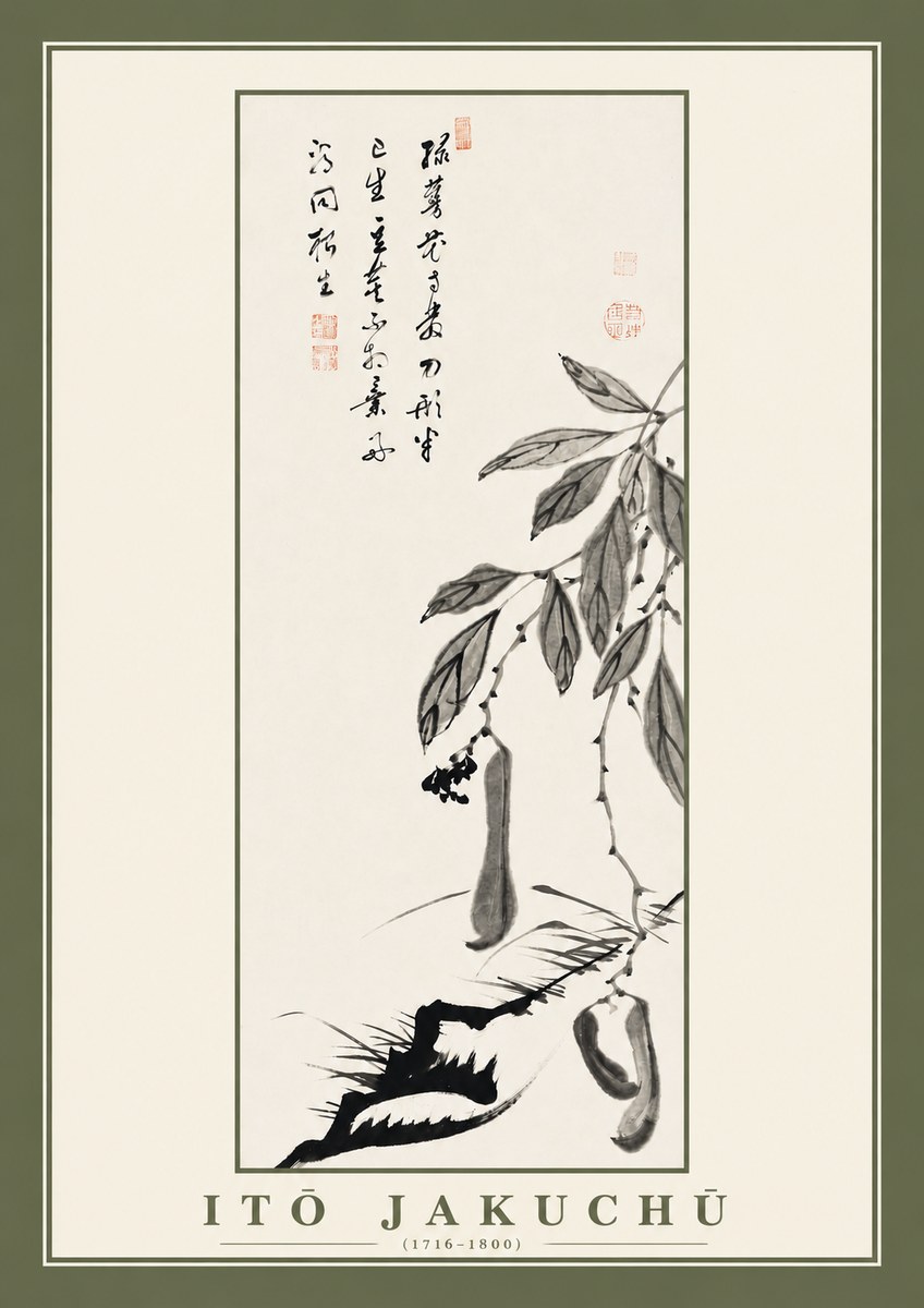 Itō Jakuchū Branch with Pods and Calligraphy No2 - Plakát