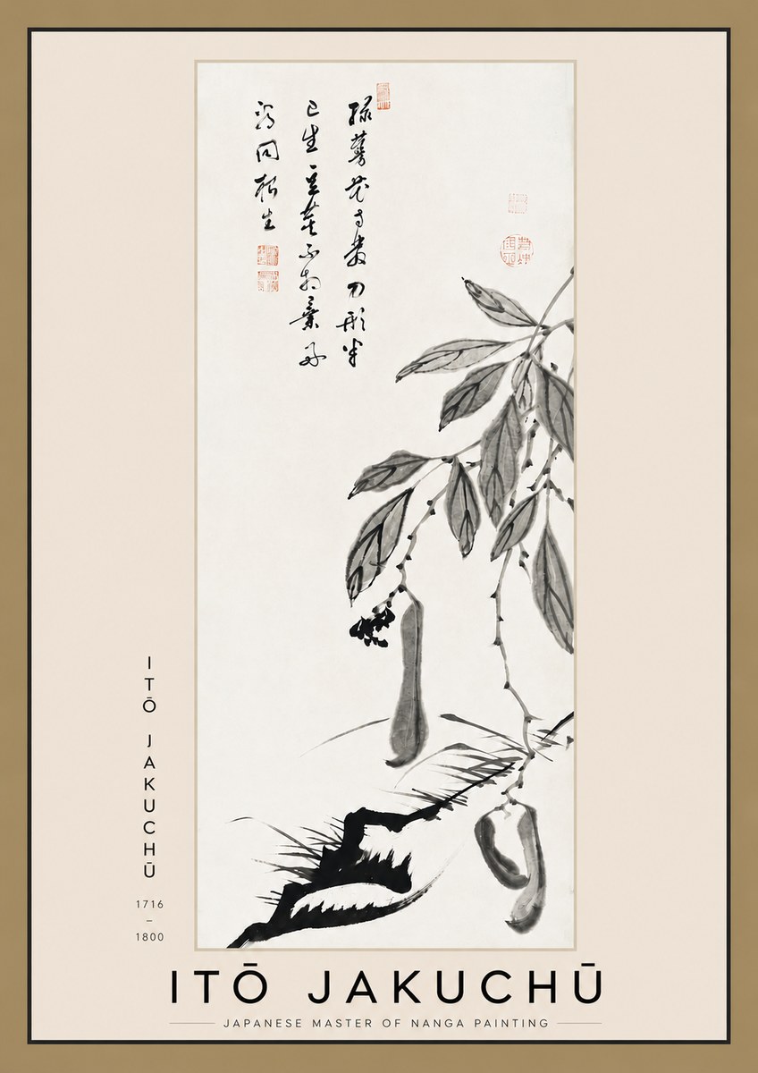 Itō Jakuchū Branch with Pods and Calligraphy No3 - Plakát