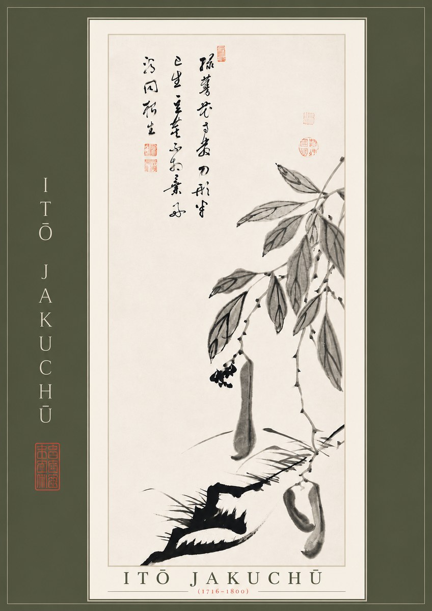 Itō Jakuchū Branch with Pods and Calligraphy No4 - Plakát