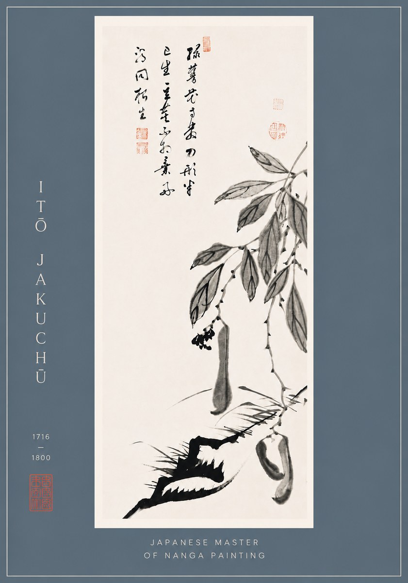 Itō Jakuchū Branch with Pods and Calligraphy No6 - Plakát