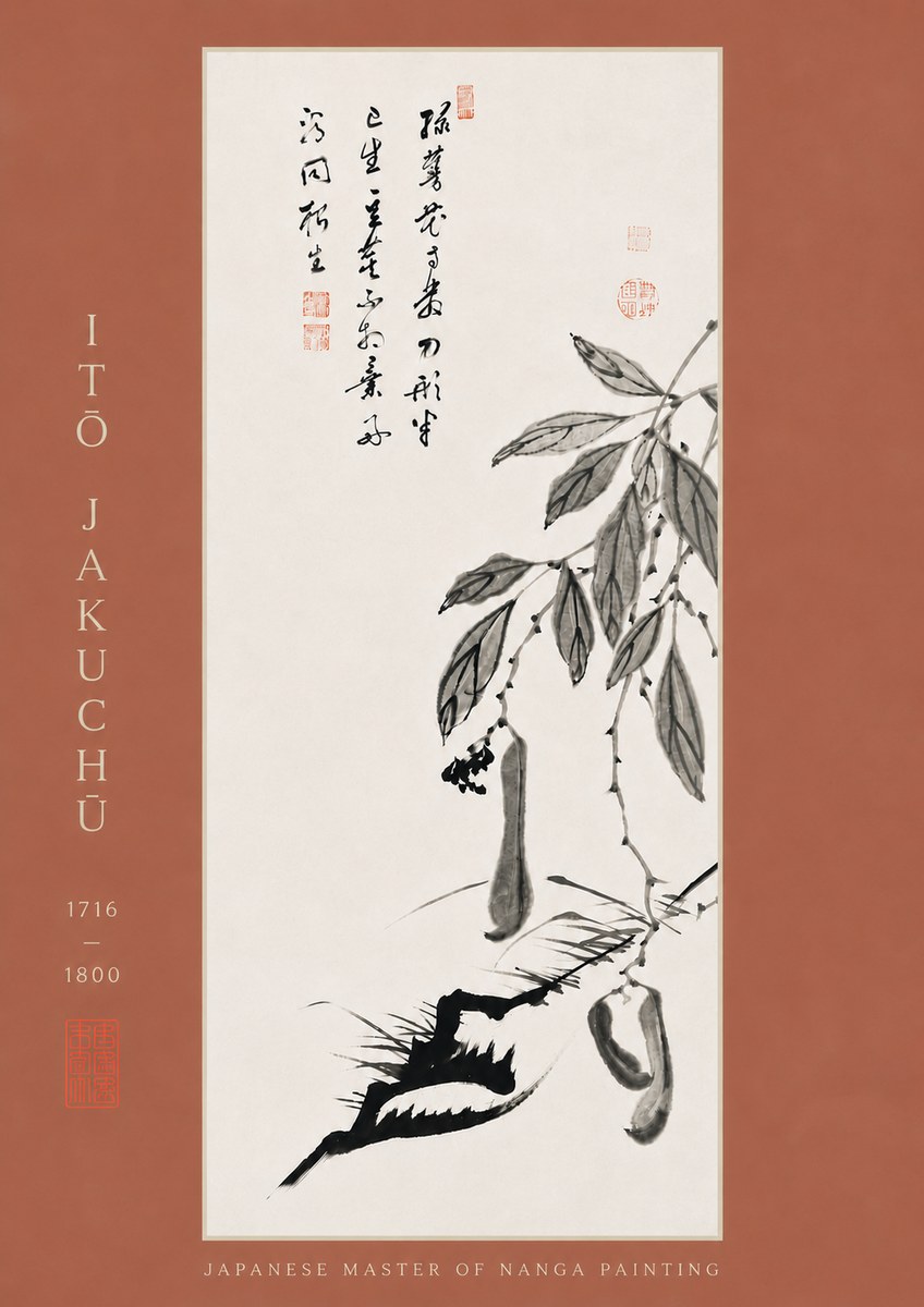 Itō Jakuchū Branch with Pods and Calligraphy No8 - Plakát