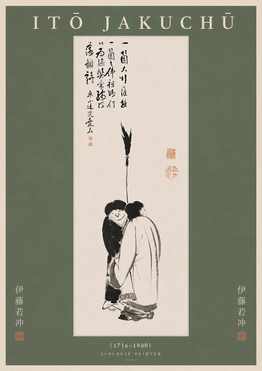 Itō Jakuchū Two Figures Holding a Staff No5 - Plakát