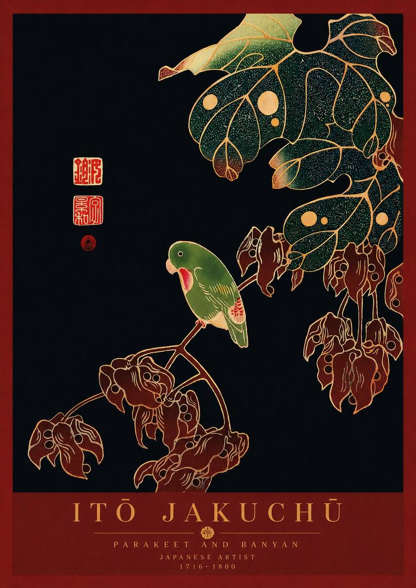 Itō Jakuchū Parakeet and Banyan No8 - Plakát