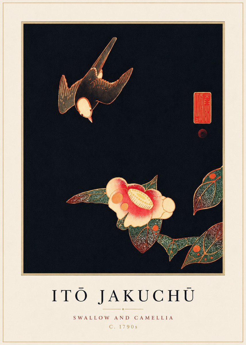 Itō Jakuchū Swallow and Camellia No3 - Plakát