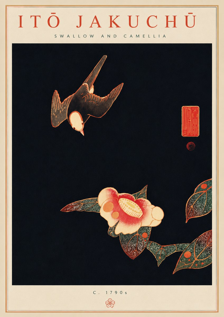 Itō Jakuchū Swallow and Camellia No6 - Plakát